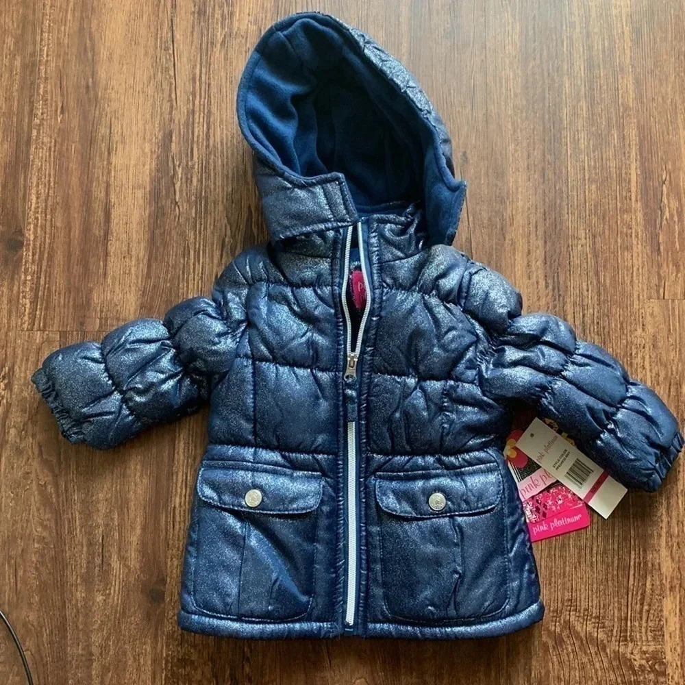 Pink Platinum Metallic Puffer Jacket Hooded Blue Outdoors 18-24 Mo NWT